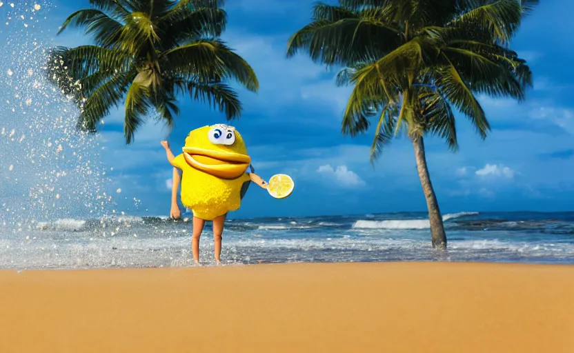 Image similar to 5 0 mm photograph, of a real anthropomorphic lemon character, with lemon skin texture, it is wearing a hat and scuba diving, building a sandcastle on the beach at sunset, beach, huge waves, sun, clouds, tropical trees, rim light, cinematic photography, professional, sand, sandcastle, volumetric lightening