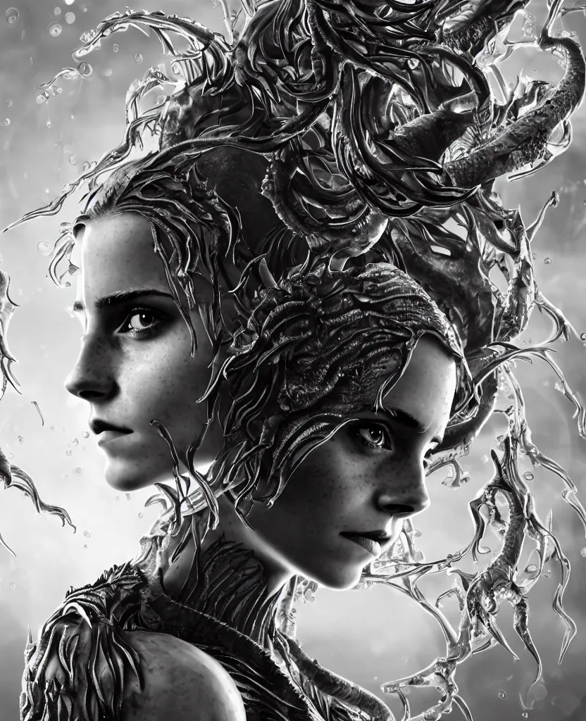 Prompt: EMMA WATSON close-up macro portrait of the face of a beautiful princess with animal skull mask and ribcage, epic angle and pose, symmetrical artwork, 3d with depth of field, blurred background, cybernetic jellyfish female face skull phoenix bird, translucent, nautilus, energy flows of water and fire. a highly detailed epic cinematic concept art CG render. made in Maya, Blender and Photoshop, octane render, excellent composition, cinematic dystopian brutalist atmosphere, dynamic dramatic cinematic lighting, aesthetic, very inspirational, arthouse. y Greg Rutkowski, Ilya Kuvshinov, WLOP, Stanley Artgerm Lau, Ruan Jia and Fenghua Zhong