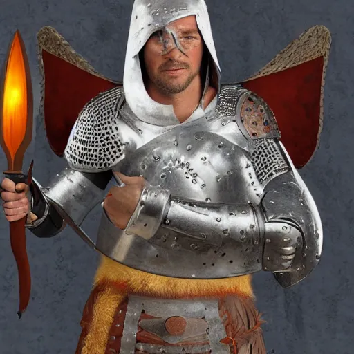 Image similar to portrait photograph of a medieval warrior from koingation, human with wolf ears and a wolf tail, holding an arming sword wearing light leather armor, fantasy character design, hyper realistic