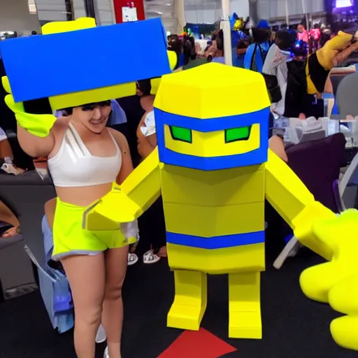 roblox grab packs cosplayer with blue and yellow hands, Stable Diffusion