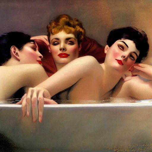 Prompt: three friends in a tub, art by edward mason eggleston, olivia, coby whitmore, rolf armstrong, wlop