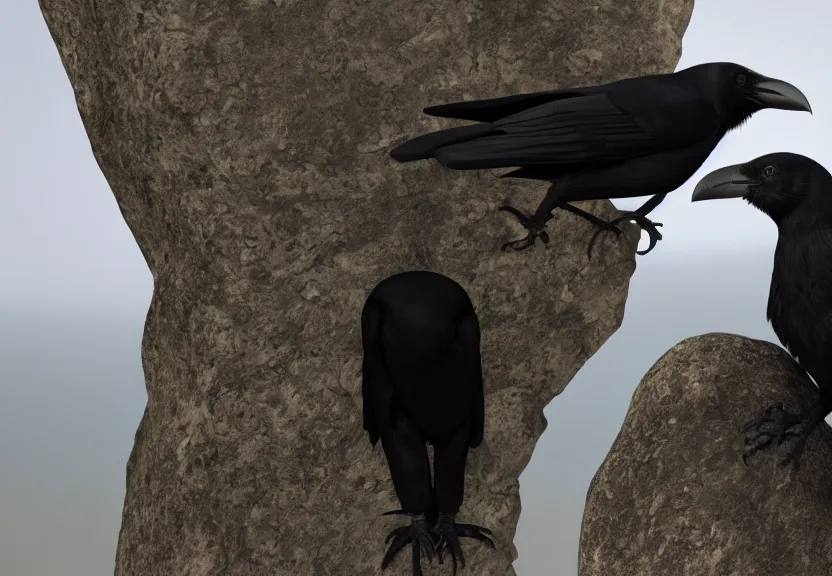 Prompt: a 4k render of a crow with a headset on interviewing another crow standing on a rock, warm natural lighting, under the soft shadow of a tree, slight haze