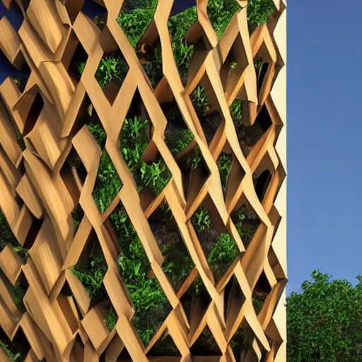 Prompt: 3 d layered hexagonal prismatic wooden facade layered on top of glass with vegetation - w 1 0 8 0