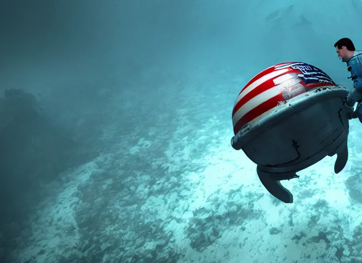 Prompt: astronaut underwater putting a flag on the sand in the bottom of the ocean. in the background, a spherical submarine is visible. dark, concept art, cinematic, dramatic, atmospheric, 8 k, trending on artstation, zack snyder