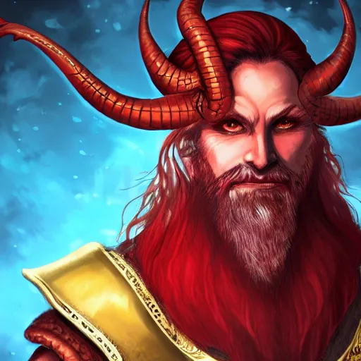 Prompt: dnd portrait of a tiefling, male, red scales, a big black beard, completely golden eyes,