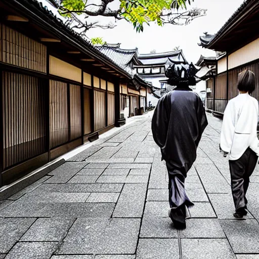 Image similar to a realistic photo of 2 japanese demons walking through kyoto, scary, realistic, high detail,