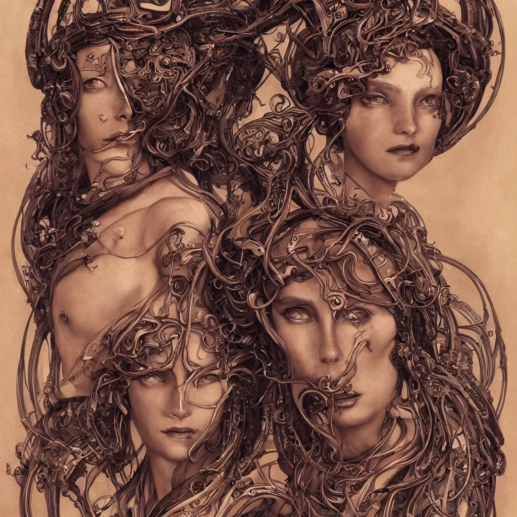 Image similar to a stunning art nouveau bust portrait of a beautiful and complex alien queen with strong confident eyes and a playful smile, sensual frontal declotage, perfect symmetrical facial features, extremely hyperdetailed, mixed media painting, unreal engine, 8 k, octane, 8 mm, by travis charest, chris achilleos and olivia de bernardinis