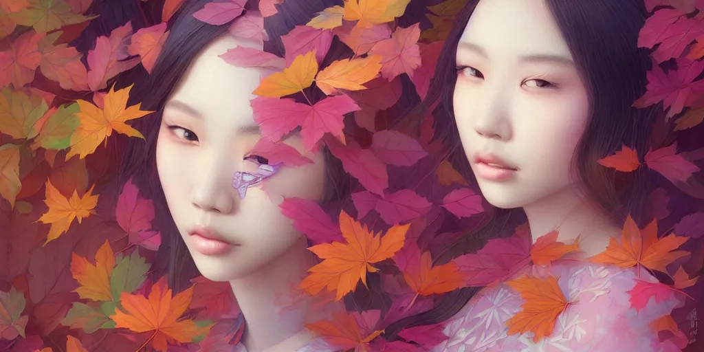 Prompt: highly detailed pastel colors of an ethereal asian beauty morphing gradually into autumn leaves, by artgerm and hsiao - ron cheng, smooth composition, fine patterns and detail