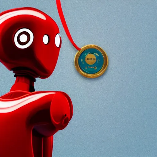 Image similar to red robot cancer cut a gold medal ribbon on the human neck, futuristic, ghibli