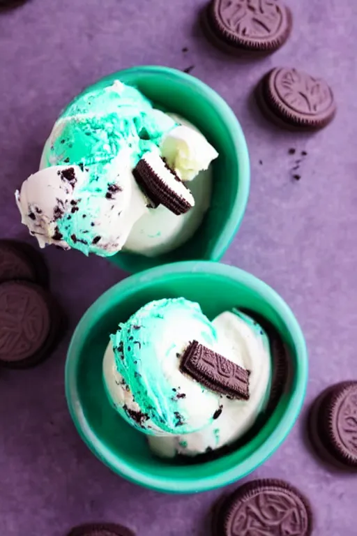 Prompt: refreshing white mint icecream with bits of oreo cookies inside, chocolate mint icecream