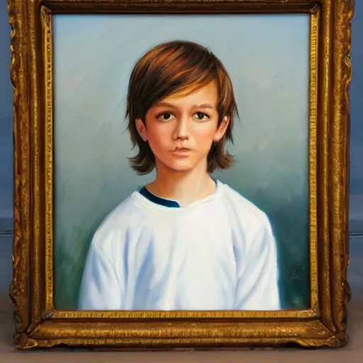 Image similar to beautiful oil painting of a boy with short side part light brown hair and brown eyes