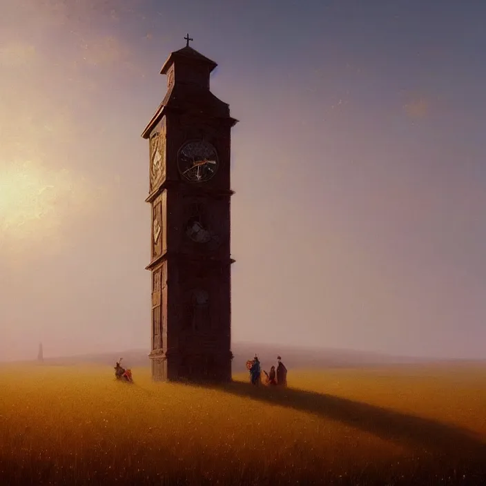 Image similar to a beautiful painting of a clock tower in a field of golden wheat by ivan aivazovsky and greg rutkowski and rhads, in style of digital art. hyper detailed, sharp focus, soft light. octane render. ray tracing. trending on artstation