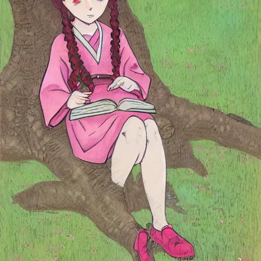 Image similar to little girl with long curly red hair dressed in a pink kimono and sitting next to a tree while reading a book, artwork made in western comic art style inspired in balthus and made in abyss, anatomically correct, higher details