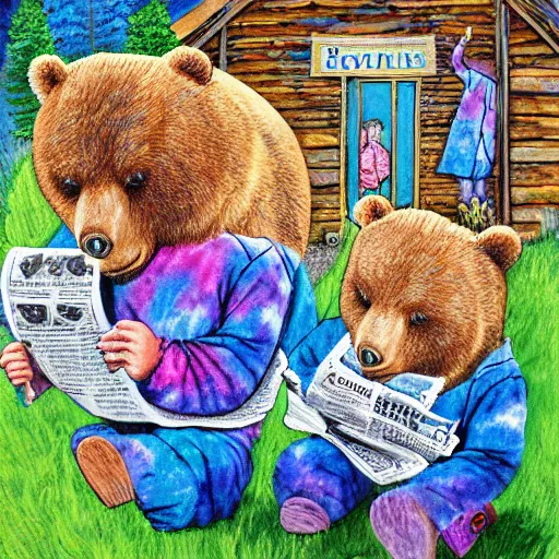 Prompt: 3 bears in tie dye shirts reading newspapers in a cottage, highly detailed, childrens fairy tale, portrait painting, illustration by scott gustafson