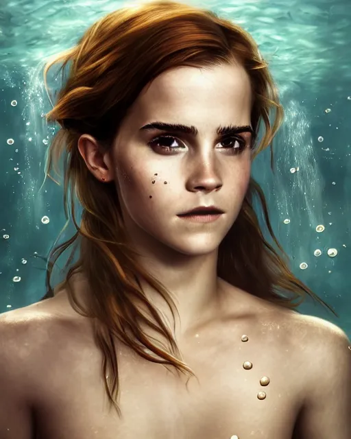 Image similar to underwater pirate portrait of emma watson, au naturel, hyper detailed, digital art, trending in artstation, cinematic lighting, studio quality, smooth render, unreal engine 5 rendered, octane rendered, art style by klimt and nixeu and ian sprigger and wlop and krenz cushart.