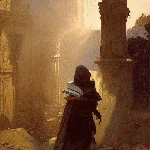 Prompt: half portait of magican wearing a closed cowl with big old book!, jeremy mann, jean leon gerome, tiepolo, alphonse mucha, greg rutkowski, ( ( ruins of ancient rome ) ), at dusk, mysterious atmosphere, sunrays, dof, masterpiece, high detailed, 8 k