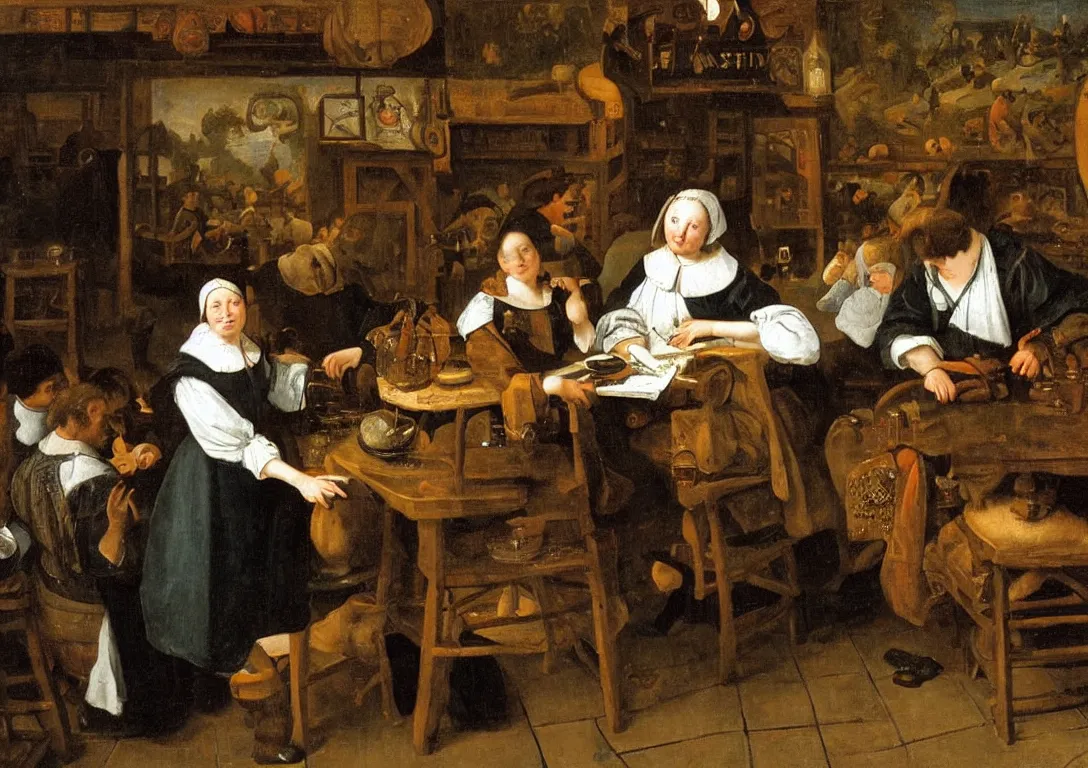 Image similar to Jan Steen. One Beautiful woman looking at us. Goose. Netherlands tavern. Ultra detailed.