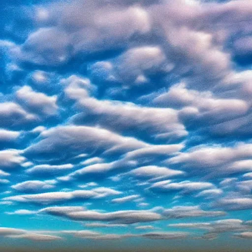 Prompt: beautiful digital art of a trail of altocumulus clouds across the sky, beautiful, award - winning, digital art, blue sky, antview, line trail, point of view