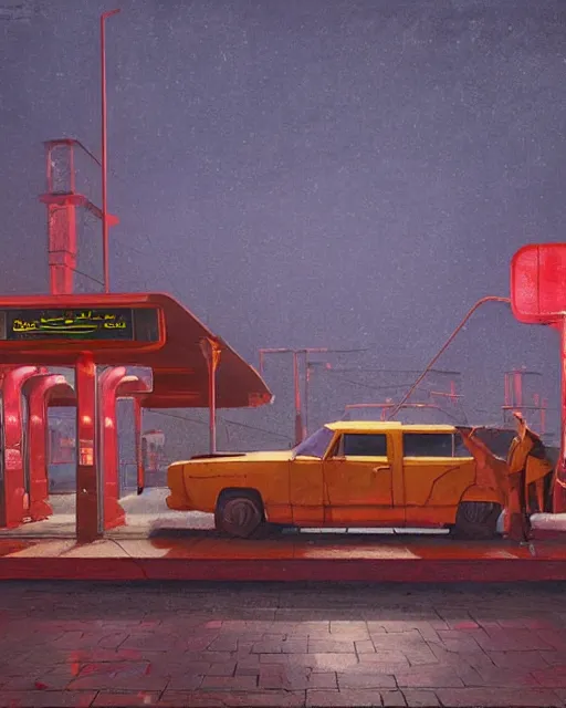 Prompt: a highly detailed epic cinematic concept art CG render digital painting artwork: Soviet gas station, night. By Greg Rutkowski, in the style of Francis Bacon and Syd Mead and Norman Rockwell and Beksinski, open ceiling, highly detailed, painted by Francis Bacon and Edward Hopper, painted by James Gilleard, surrealism, airbrush, Ilya Kuvshinov, WLOP, Stanley Artgerm, very coherent, triadic color scheme, art by Takato Yamamoto and James Jean