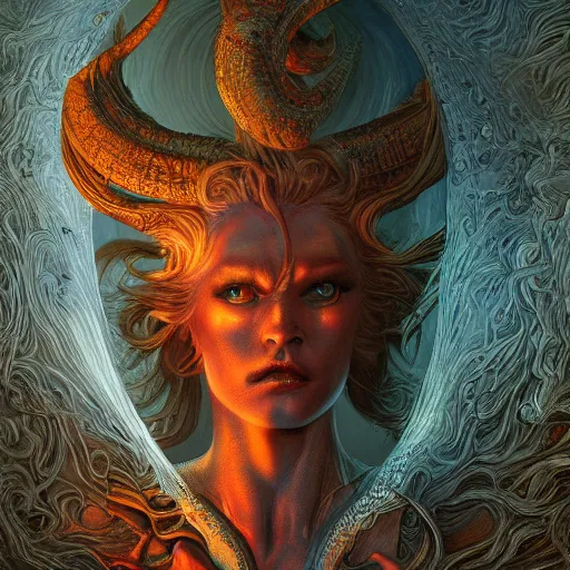 Image similar to Photorealistic demon goddess in the style of Michael Whelan and Gustave Dore. Hyperdetailed photorealism, 108 megapixels, amazing depth, glowing rich colors, powerful imagery, psychedelic Overtones, 3D finalrender, 3d shading, cinematic lighting, symmetry, artstation concept art