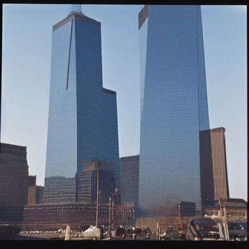 Image similar to the world trade centre towers in 1990, Polaroid, highly detailed, real life, nostalgia