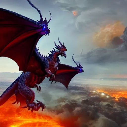 Image similar to large dragon flying over a city breathing fire, etheral, matte painting