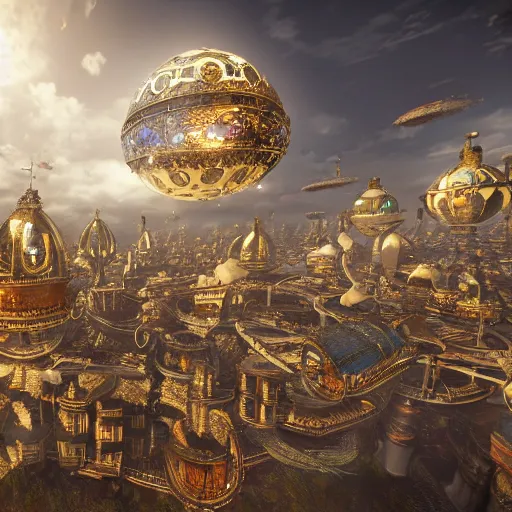 Image similar to enormous flying city in a faberge egg encircled by giant metallic petals, cloudy sky background, steampunk, fantasy art, masterpiece, unreal engine