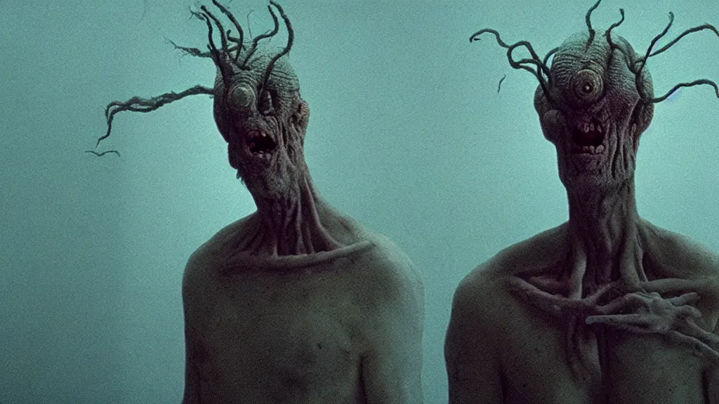 Image similar to the insane creature with one eye, film still from the movie directed by denis villeneuve and david cronenberg with art direction by zdzisław beksinski and dr. seuss