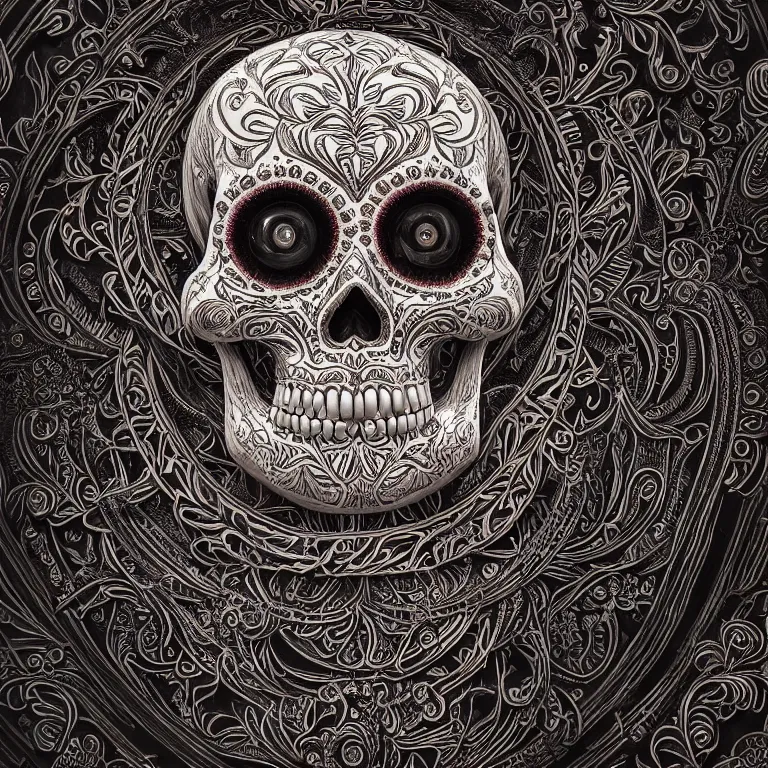 Image similar to a highly detailed photographic render of intricately carved sugar skull, symmetrical, centred, psychedelic, black background, neon light, intricate ornament, gilding, horror, dark fantasy, beautifully lit, ray traced, octane 3D render in the style of Gerald Brom and James Gurney