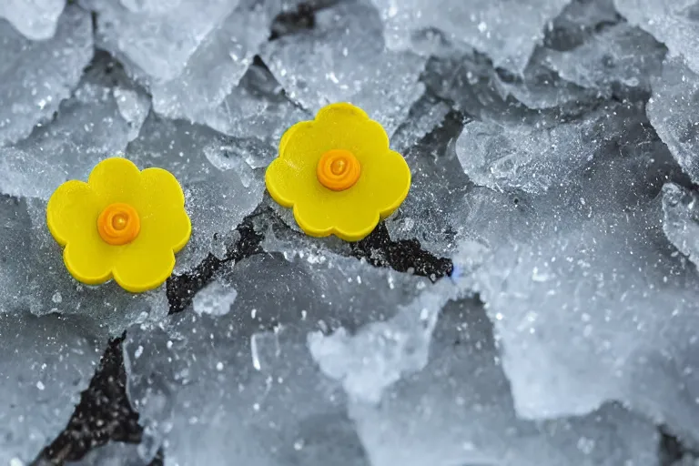 Prompt: frozen yellow flower button covered in thin layer of ice