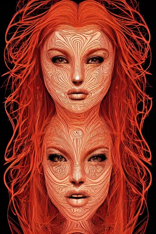 Prompt: a symmetrical portrait of a beautiful orange - haired woman face, concept art, intricate, aesthetic!!!!!, holographic design, god rays, symbolist, dramatic, ultra detailed