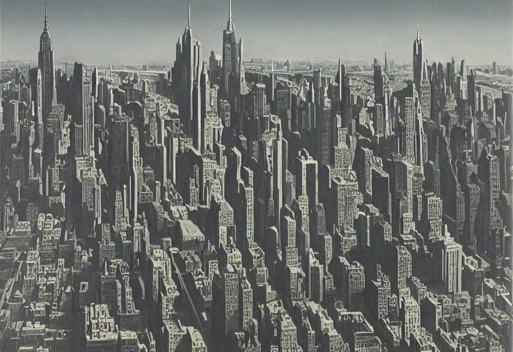 Image similar to Modern New York, high contrast, Ludek Pesek, Rick Guidice, Chesley Bonestell, Lucien Rudaux, Rolf Klep, Fred Freeman, George Pal