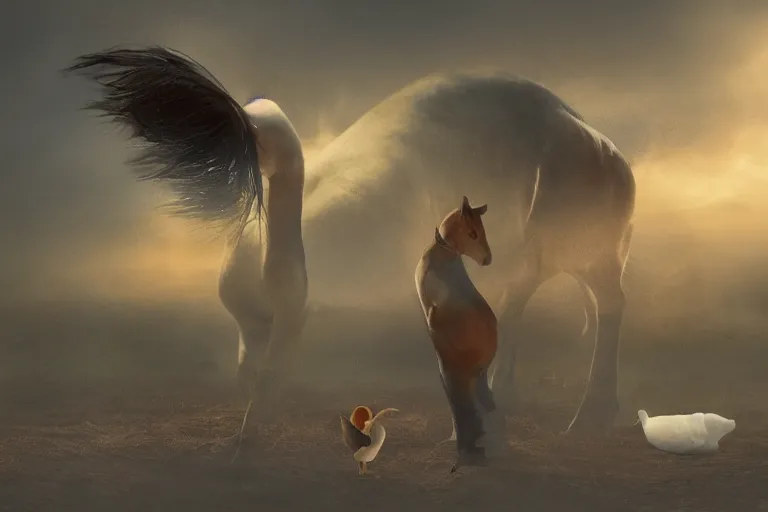 Image similar to a tiny horse standing next to an extremely large duck, the duck is bigger than the horse, evening light, cinematic photography, digital painting, volumetric light, concept art, trending on artstation, digital Art, fantasy art