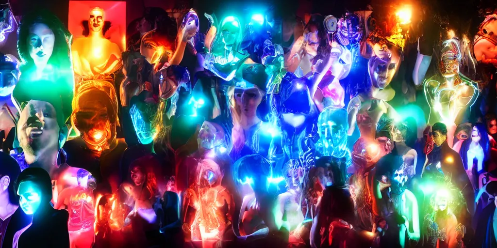 Image similar to diverse groups of humans with glowing electronic body implants projecting amazing 3D graphics, from behind, rebirth, beauty, wide angle, elaborate, wet, highly detailed, colors, beautiful lighting