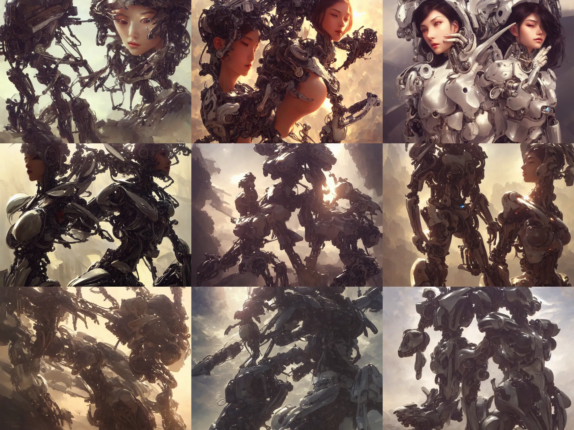 Prompt: ultra realistic beautiful mech techno art, beautiful alluring anime cyborg, gorgeous face and figure, sci - fi, intricate, elegant, highly detailed, digital painting, artstation, concept art, smooth, sharp focus, illustration, beautiful sunlight and shadows, art by tian zi and yuxiang chen and alphonse mucha and greg rutkowski and wlop