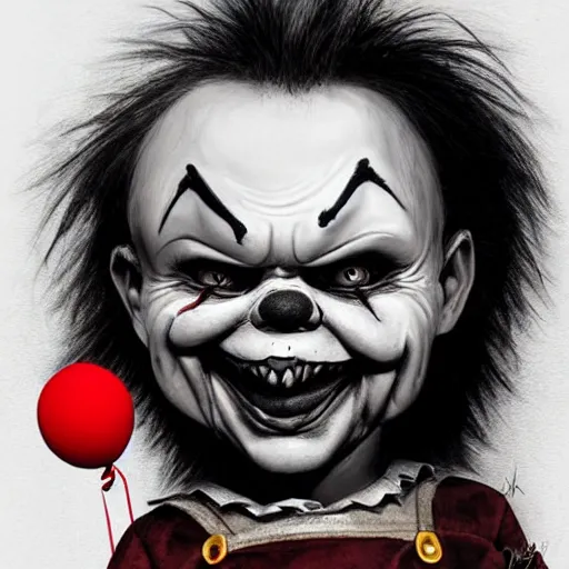 Image similar to grunge cartoon portrait sketch of chucky with a wide smile and a red balloon by - michal karcz, loony toons style, pennywise style, mona lisa style, horror theme, detailed, elegant, intricate