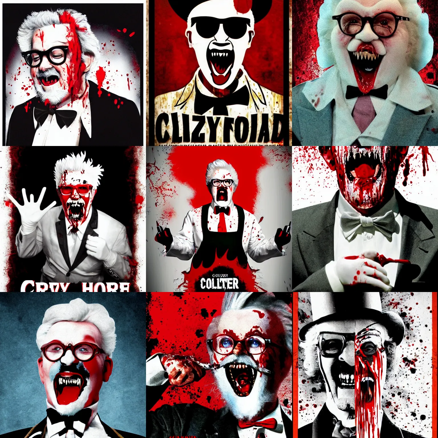 Prompt: horror film poster. crazy colonel sanders with sharp teeth. blood splatter background realistic.