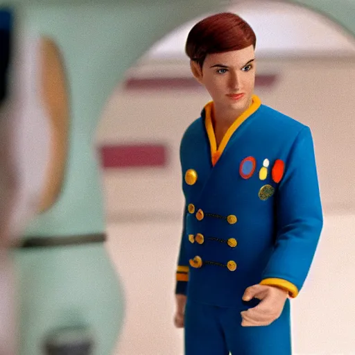 Prompt: acting ensign Wesley Crusher from the USS Enterprise playing 3d chess with a vulcan, wearing multi-colored slim suit, handsome face, set photo, candid, film grain, f2.4