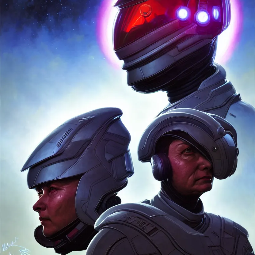 Image similar to portrait of a starship captain with a helmet as an apex legends character digital illustration portrait design by, wayne barlowe detailed, gorgeous lighting, wide angle action dynamic portrait