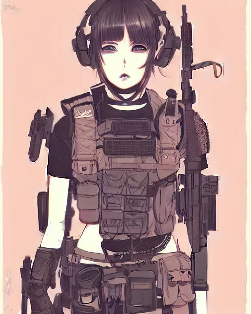 Prompt: girl with tactical gear, manga!! detailed manga illustration!! intricate details, aesthetically pleasing pastel colors, poster background, aesthetic details, art by conrad roset and ilya kuvshinov