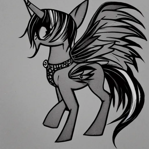 Prompt: my little pony portrait with dark fantasy style, black and white