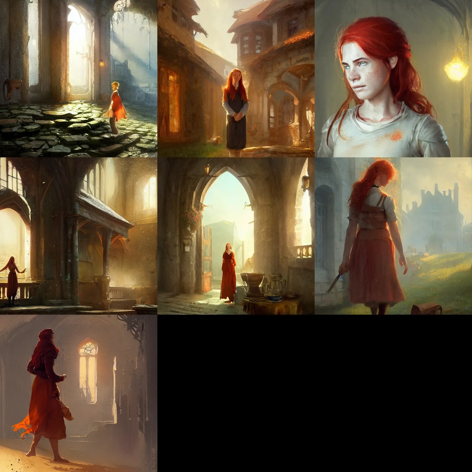 Prompt: teen, freckeld, orange-red haired Natalie Postman as a innkeeper, fantasy concept art by Greg Rutkowski and J.Dickenson