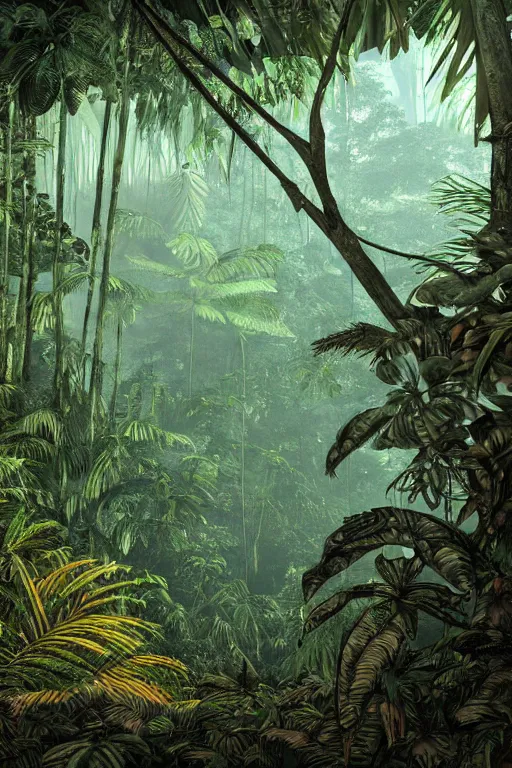 Image similar to an award winning woodcut print of a jungle in costa rica, 8 k, frostbite 3 engine, cryengine, dof, trending on artstation, digital art, crepuscular ray, art by roy l davies and tugboat printshop