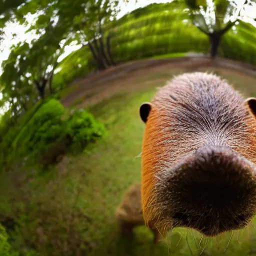 Image similar to capybara with it’s nose right into the camera, outdoors, ultra wide angle, fish eye photo