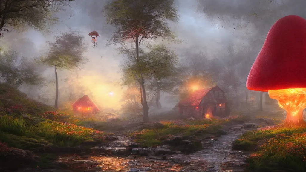 Prompt: fantasy red toadstool cottage suspended in the air, foggy atmosphere, volumetric lighting, fantasy artwork, very beautiful scenery, very realistic painting effect, hd, hdr, unreal engine 5, cinematic 4k wallpaper, 8k, ultra detailed, high resolution, artstation