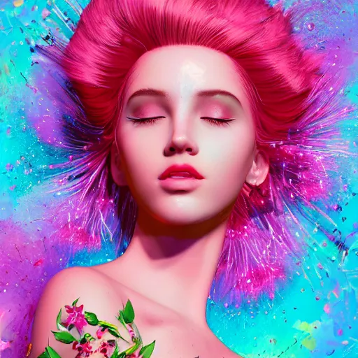 Image similar to a divine feminine woman, pink hair, rosey cheeks, sparkles on eyelids, surrounded by lush flowers and feathers in bright abstract colours, ultra realistic digital painting, artstation, concept art, pop, smooth, sharp focus, illustration, art by dean corwell 3 d 8 k ultra detailed