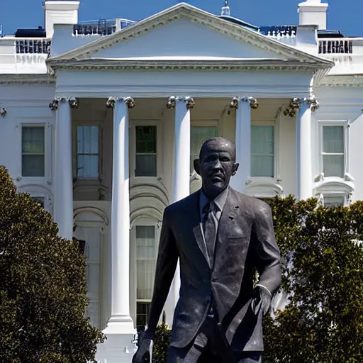 Prompt: a granite statue of obama, infront of the white house, photograph