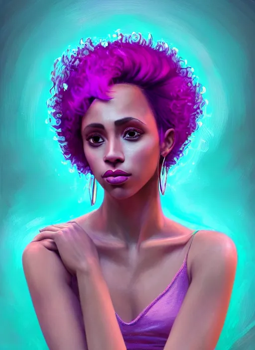 Image similar to portrait of vanessa morgan with bright pink hair, curly pixie cut hair, wearing a purple breton cap, breton cap, hoop earrings, intricate, elegant, glowing lights, highly detailed, digital painting, artstation, concept art, smooth, sharp focus, illustration, art by wlop, mars ravelo and greg rutkowski