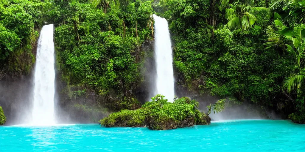 Image similar to of a tropical island with a majestic waterfall flowing into a clear pool of water.