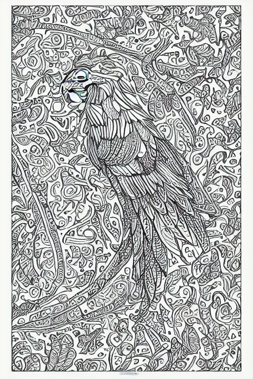 Image similar to parrot, repeating patterns, fractal, ink drawing, line art colouring page